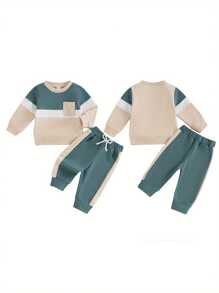 Toddler Boy Girl Fall Clothes Contrast Color Long Sleeve Sweatshirt Tops And Pants Set 2Pcs Cute Outfits - Blue - View 2