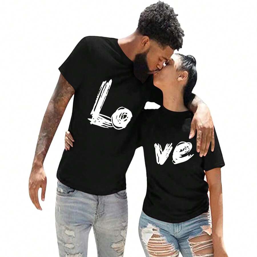1Pc T-Shirt Funny Valentine Tshirts For Couples Women Men Funny Love Printed Shirt His And Her Shirts Sets Tops Unisex Soft Fabric, Breathable, Comfortable Short Sleeve T-Shirts Perfect For Summer-1PC Camiseta De Año Nuevo, Divertidas Camisetas De San Valentín Para Parejas, Mujeres Y Hombres, Divertidas Camisetas Con Estampado De Amor, Conjuntos De Camisetas Para él Y Para Ella, Camisetas Unisex De Tela Suave, Transpirables Y Cómodas De Manga Corta, Perfectas Para El Verano, 1 Pieza - Style06-黑色-VE - 查看 1