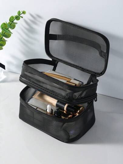 Large Capacity Mesh Cosmetic Bag, Double-Layer Travel Toiletry Pouch, Portable Tool Storage Box Summer Travel,Vacation Holiday Bathroom Decor Makeup Organizer Bathroom Accessories Back To School