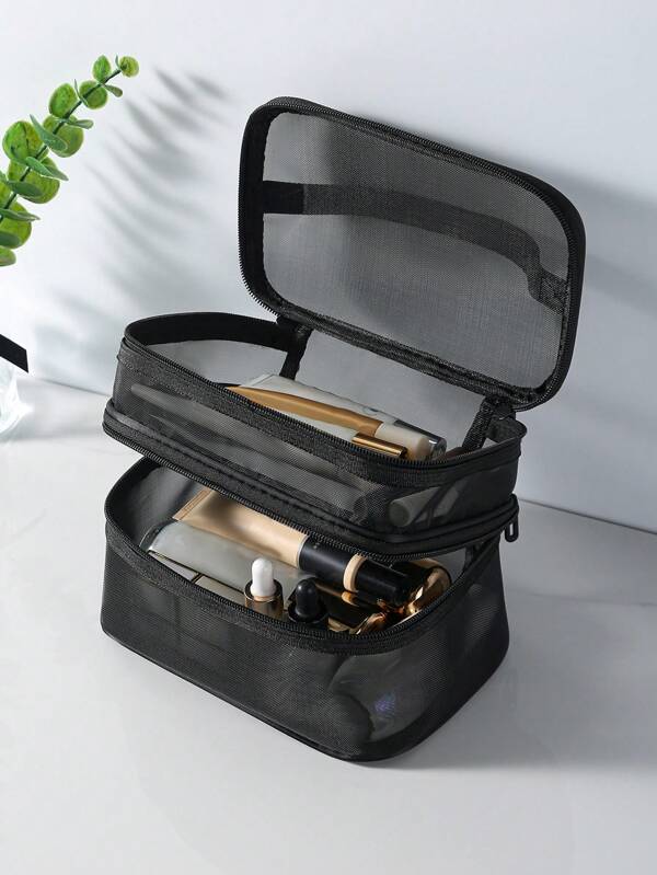 Große Kapazität Mesh Kosmetiktasche, Doppelschicht Reise Kulturtasche, tragbare Werkzeugaufbewahrungsbox für den Sommer, Urlaub, Ferien, Badezimmer Deko, Make-up Organizer, Badezimmer Zubehör, Schulanfang