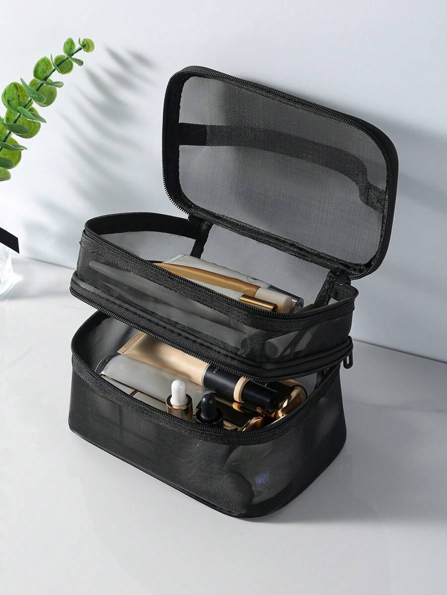 Duża pojemność kosmetyczki z siatki, dwuwarstwowa kosmetyczka podróżna, przenośne pudełko do przechowywania narzędzi, podróże latem, dekoracje łazienkowe na wakacje, organizer do makijażu, akcesoria łazienkowe, powrót do szkoły - Czarne - Zobacz 1