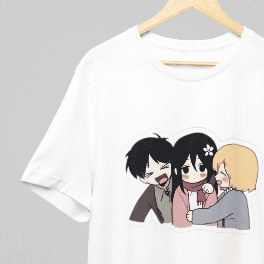 Camiseta Shingeki no Kyojin Armin, Eren y Mikasa Chibi Attack Titan, Playera Estampada Anime - BELLA MODA - Blanco - Ver 1