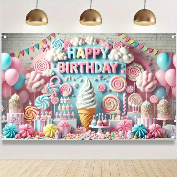 Candy Themed Birthday Banner - Ice Cream With Lollipop Design - Perfect For Party Decorations