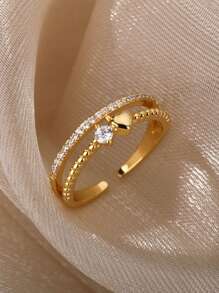 Anéis de aço inoxidável com zircônia cúbica em formato de coração, banhados a ouro 18K, com duas camadas, ajustáveis, abertos, para mulheres, mães, românticas, douradas, férias, acessórios de joias para casamento, presentes para o dia das mães e dia dos namorados - Aço inoxidável - Ver 6