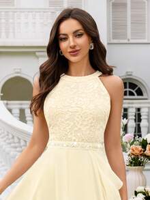 MIUSOL Vestido largo de gasa con escote halter, espalda descubierta, volantes y encaje floral, vestido formal para invitada de boda - Amarillo - Ver 8