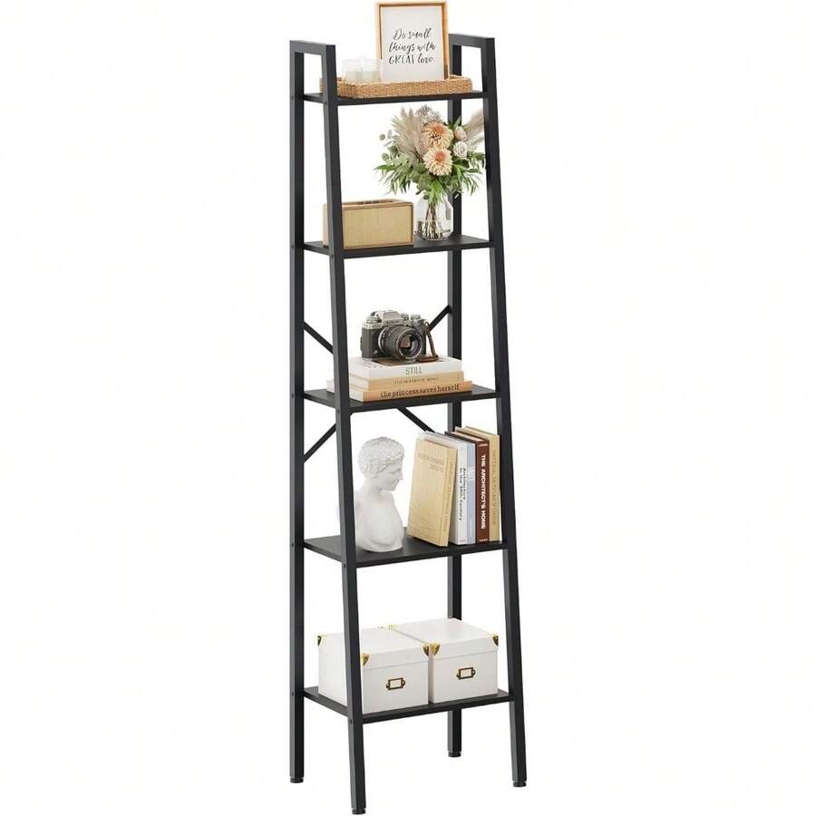 Hot Items,5-Tier Industrial Ladder Bookshelf, Narrow Ladder Shelf, Tall Standing Bookshelf, Skinny Open Ladder Shelf, For Living Room, Home Office, Kitchen, Bedroom, Metal Frame, Black - Black - View 1
