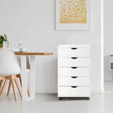 Cómoda de 5 cajones, gabinete de almacenamiento de madera con ruedas, organización de almacenamiento de manualidades, unidad de cajones para maquillaje para el armario, dormitorio, archivador de oficina con capacidad total de 180 libras - Blanco