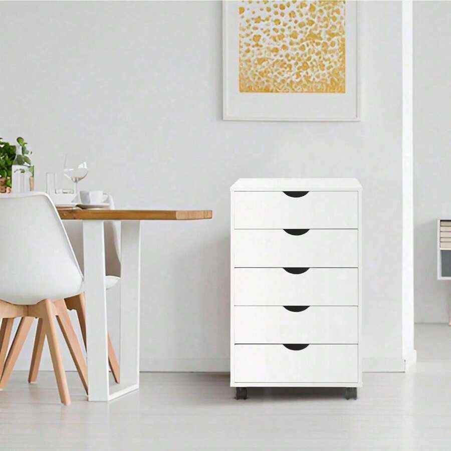 Cómoda de 5 cajones, gabinete de almacenamiento de madera con ruedas, organización de almacenamiento de manualidades, unidad de cajones para maquillaje para el armario, dormitorio, archivador de oficina con capacidad total de 180 libras - Blanco