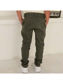 Boys' Twill Pants With Knife Pocket And Adjustable Waist, Cotton And Elastane, Chic And Comfortable - Hijau Tentara - View 4