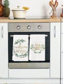 2 Pcs Eucalyptus Leaves Farmhouse Kitchen Towels Sage Green Simplicity Dish Towels Kitchen Drying Tea Towels - White - View 3