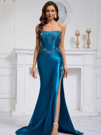 Sparkly Satin Appliques Prom Dress Sexy Fitted Embroidery Formal Evening Dress High Side Slit And Train Lace Up Cocktail Dress, Party Dress, Wedding Guest Dress