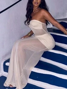 Vestido largo de malla arrugada con parches, vestido sexy y elegante para fiestas, vestido de cóctel para invitados de boda