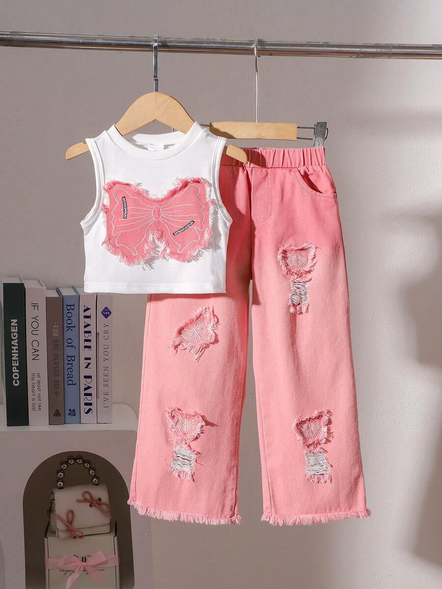 年轻女孩两件套：时尚短款无袖蝴蝶印花背心和做旧蝴蝶刺绣牛仔裤，夏季 - 粉色 - 查看 1