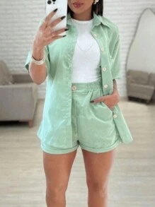 Conjunto Shorts e Camisa Manga 3/5 em Linho