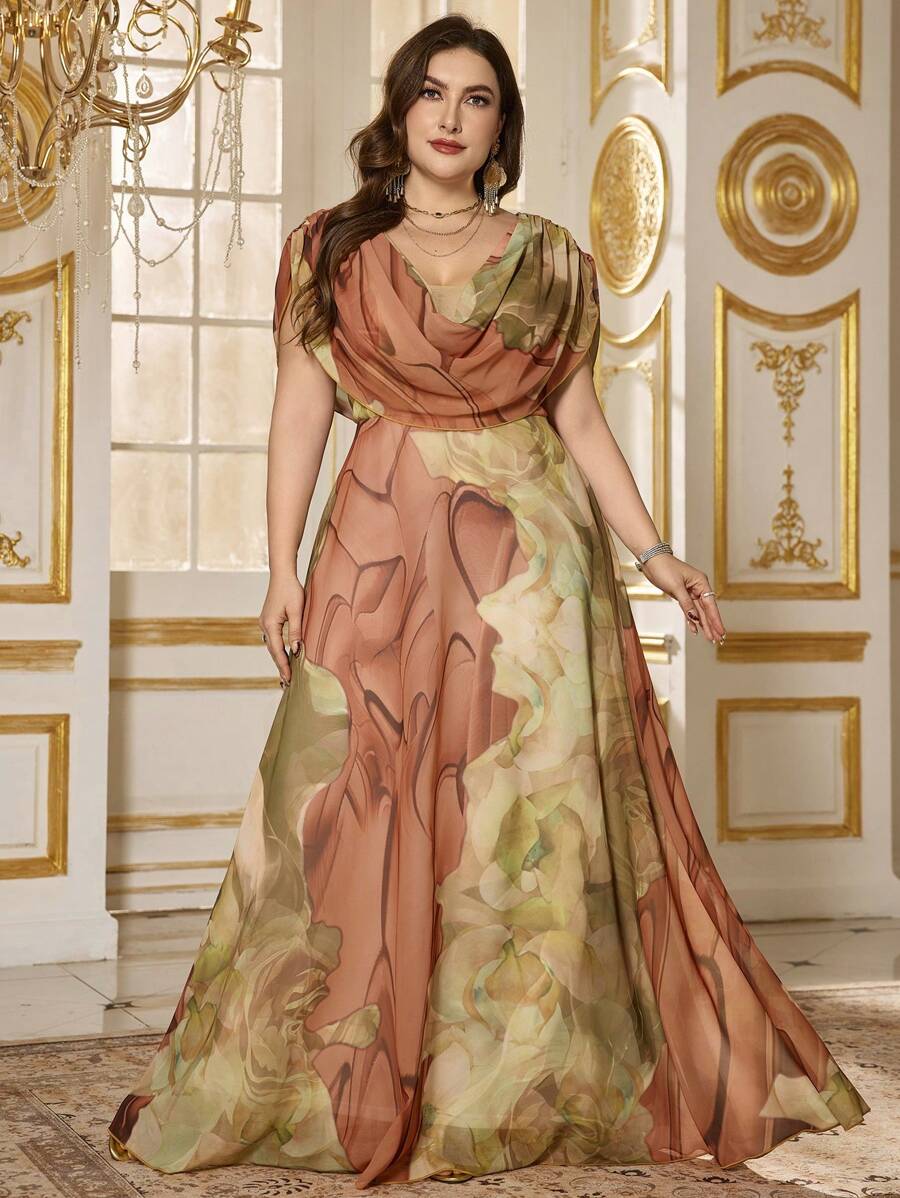 SUPGIR Plus Size Cowl V-Neck Watercolor Print Elegant Chiffon Flowy Party Dress,Gown,Formal,Evening,Wedding Guest