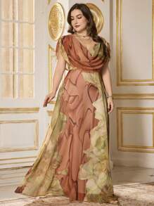 SUPGIR Plus Size Cowl V-Neck Watercolor Print Elegant Chiffon Flowy Party Dress,Gown,Formal,Evening,Wedding Guest