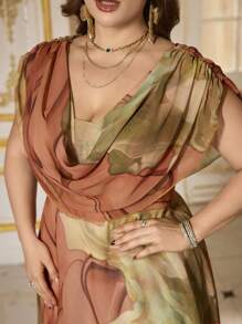 SUPGIR Plus Size Cowl V-Neck Watercolor Print Elegant Chiffon Flowy Party Dress,Gown,Formal,Evening,Wedding Guest