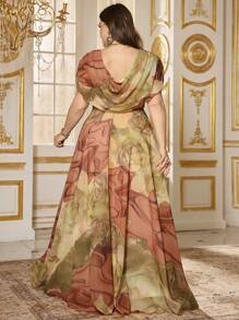 SUPGIR Plus Size Cowl V-Neck Watercolor Print Elegant Chiffon Flowy Party Dress,Gown,Formal,Evening,Wedding Guest