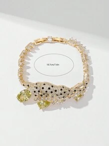 1pc Classic Fashion Cubic Zirconia Inlaid Copper Electroplated Gold Chain Bracelet With Layered Leopard Olive Green Stone, Adjustable Length, Comes In Premium Gift Box, Suitable For Mother/Valentine's Day Couples/Sisters/Friends, Everyday & Holidays Wear - Golden - View 7