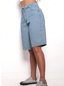 Pengmoda Women's Elegant Casual Knee Length Denim Shorts 505 - 中等水洗藍 - 查看 8