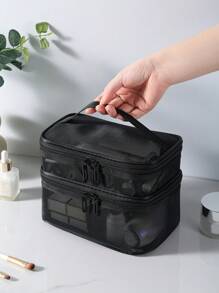 Duża pojemność kosmetyczki z siatki, dwuwarstwowa kosmetyczka podróżna, przenośne pudełko do przechowywania narzędzi, podróże latem, dekoracje łazienkowe na wakacje, organizer do makijażu, akcesoria łazienkowe, powrót do szkoły - Czarne - Zobacz 8