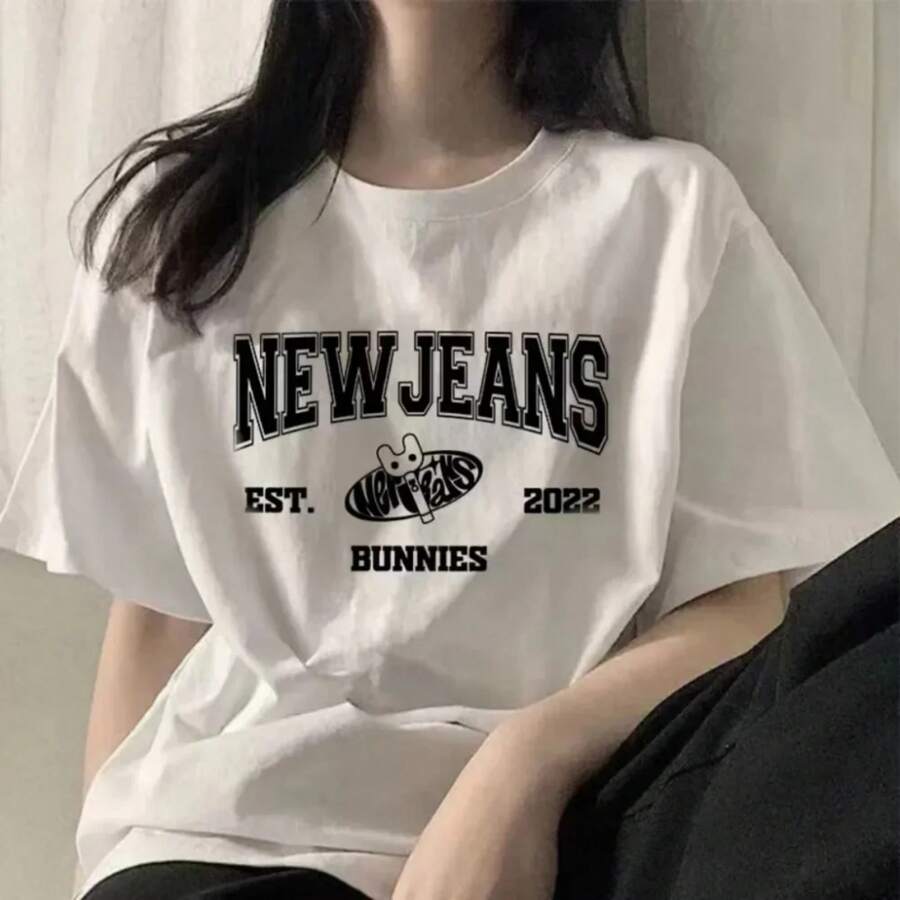 Kpop Band New-Jeans T-Shirts EST 2024 Bunnies Printing Tee Shirt Graphic Tees Female Short Sleeve Women Tshirts Streetwear - trắng - Xem 1