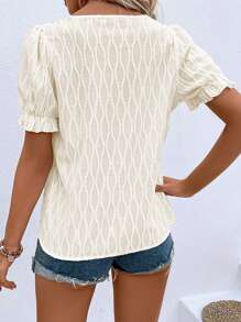 Women's Summer Solid Round Neck Puff Sleeve Casual Blouse - White - View 2