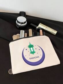 Bolsa de cosméticos con elementos de Ramadán - Bolsa de maquillaje de lona con el mensaje "Feliz Eid Mubarak", portátil y de moda, organizador de artículos de tocador con cierre de cremallera, ideal para uso diario de las mujeres - regalo adecuado para amigos