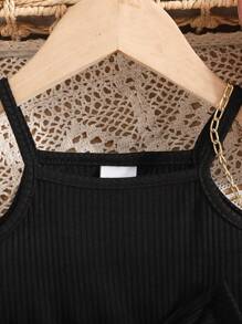 2pcs Baby Girl Ribbed Fabric Floral Embroidered Mesh Strap Dress And Hat Set - Black - View 3