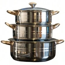 Juego de arroceras deliciosa Jumbo acero inoxidable reforzada y pesada. Tapas de vidrio templado. Cocina más rápido, fácil limpieza - Dorado - Ver 2