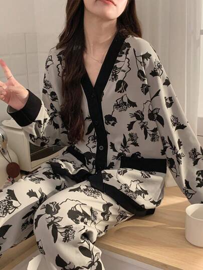 2 件套女士 V 领睡衣、长袖上衣和裤子柔软家居服套装、春秋两件套、秋装