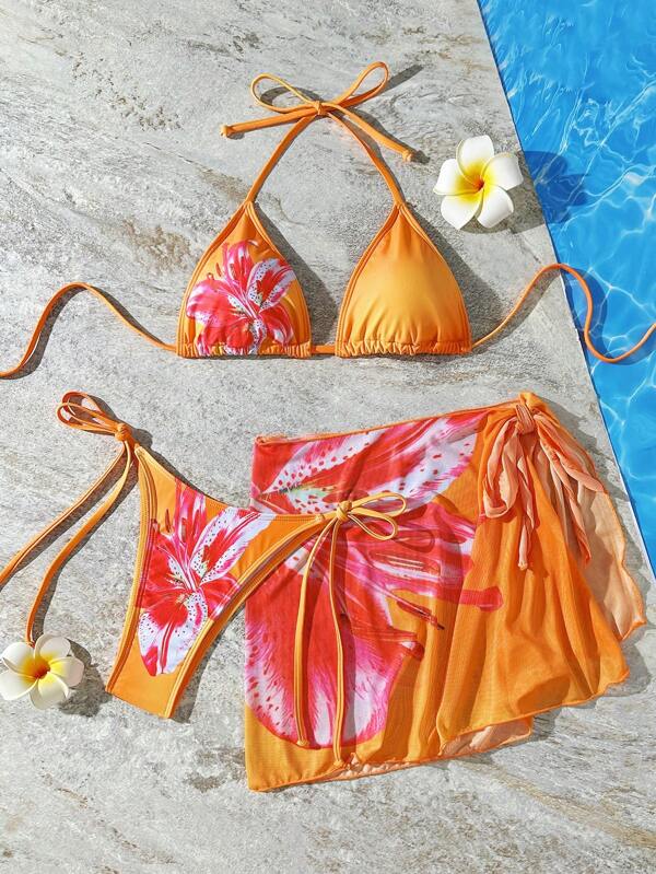 3-Piece Gradient Tropical Floral Print Women Bikini Set: Adjustable Bikini Top, Tie-Side Bottoms, And Coverup Skirt For Beach And Party Wear