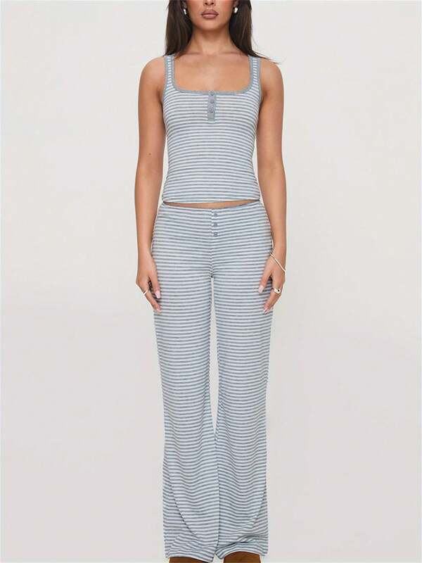 Womens 2 Piece Stripe Pajamas Set Sleeveless Button Up Tank Tops + Pants Set Going Out Clothes