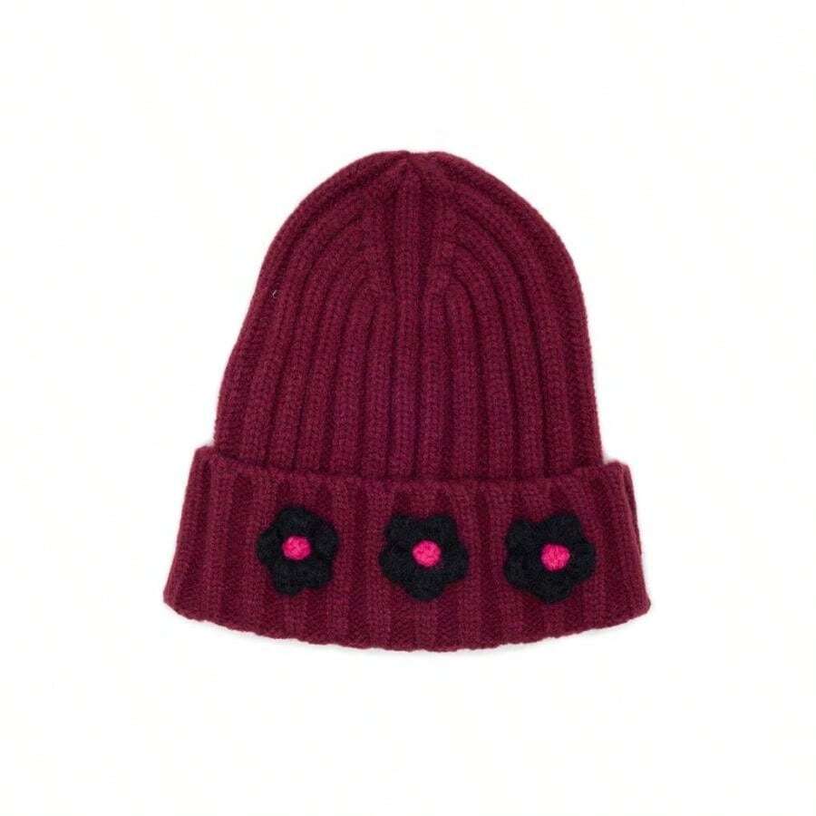 Steve Madden Ey Cat Flower Ribbed Knit Beanie