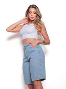 Pengmoda Women's Elegant Casual Knee Length Denim Shorts 505 - 中等水洗藍 - 查看 6