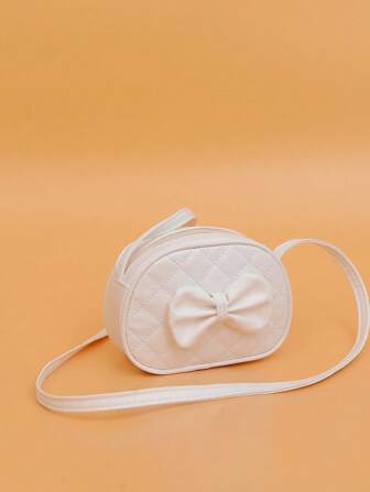 1 件女孩蝴蝶结 PU 单肩包，时尚绗缝刺绣斜挎包，清新简约迷你方形包，拉链开合，送礼佳品，适合所有季节