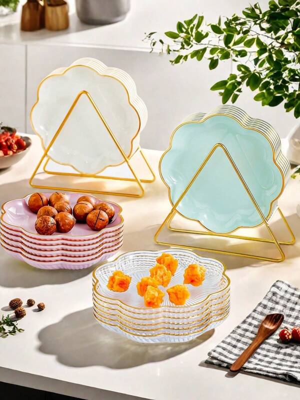 6pcs Set With Metal Rack, Plates, Square Tray, Waste Tray, Bone Tray, Fruit Tray, Dessert Tray, Cake Tray, Snack Tray, Breakfast Tray, Kitchen Supplies, Kitchen Utensils, Tableware Accessories
