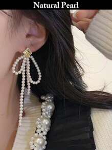 1 对时尚长珍珠吊式耳环，天然珍珠，白色，适合女性日常佩戴、节日礼物、情人节礼盒 - 米色 - 查看 3