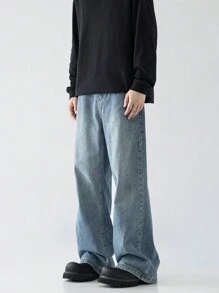 男士复古水洗宽松直筒牛仔裤，时尚休闲裤 - 藍色 - 查看 6