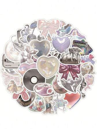 63 件/包闪亮银色和粉色心形和蝴蝶结自粘涂鸦贴纸，个性化高级笔记本，行李装饰贴纸，学校用品，返校