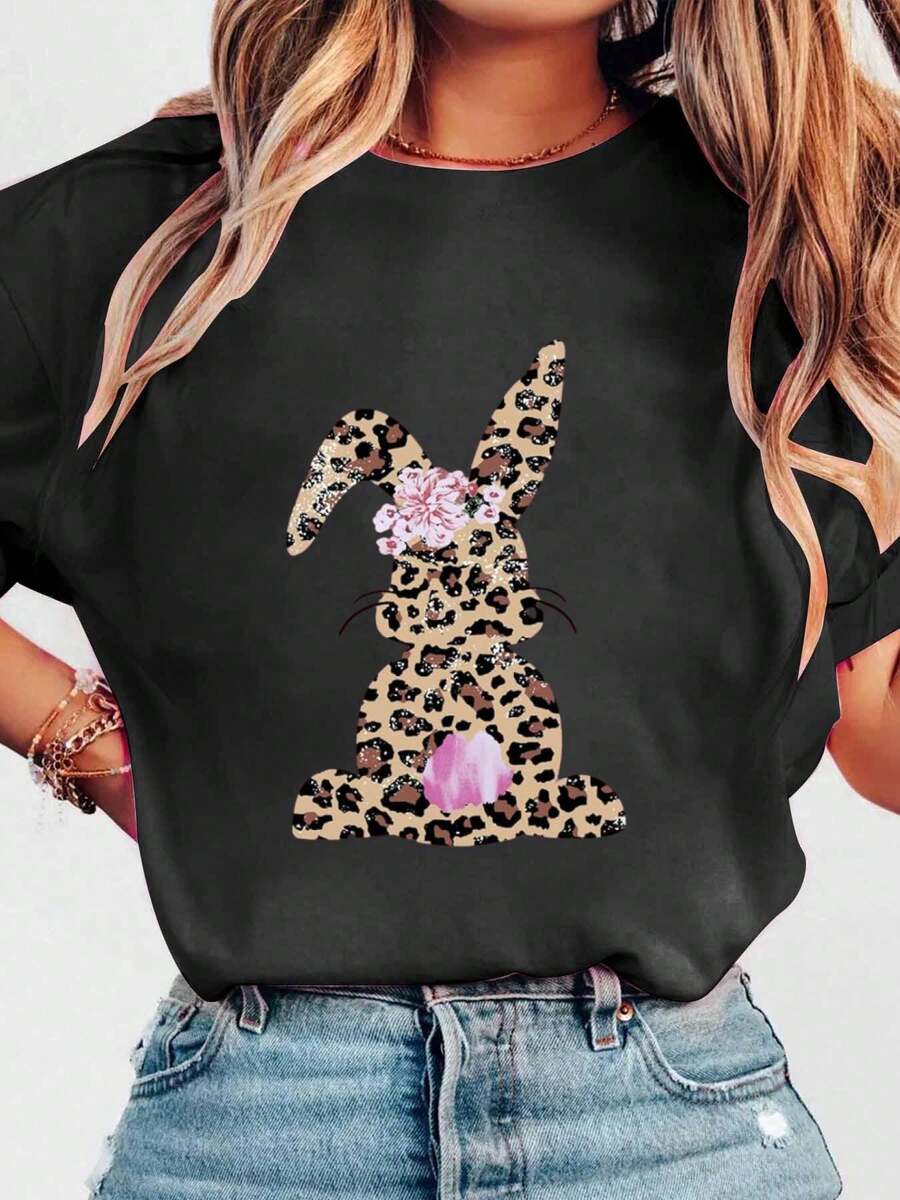 Camisetas de Pascua feliz para mujer, divertida camiseta estampada con conejo y leopardo, regalos de conejo de Pascua, camiseta superior estampada de algodón, camiseta gráfica, ropa de mujer, camiseta de manga corta de verano para mujer - Negro - Ver 1