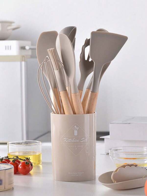 12 piezas Juego de utensilios de cocina de silicona, Juego de utensilios de cocina antiadherentes con soporte de madera, aptos para lavavajillas, resistentes al calor hasta 230°C, espátula, pinzas, cucharas, utensilios de cocina