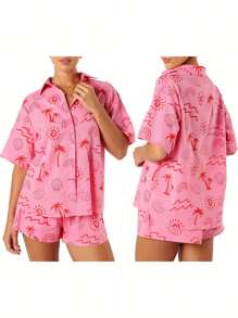 Women's 2 Piece Lounge Set Short Sleeve Lapel Button Up Tops Sun Tropical Tree Print Shorts Sleepwear Sets