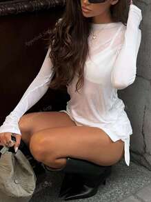 Y2K Casual Stretchy See-Through Long Sleeve Round Neck Slim Fit T-Shirt Going Out Joker Tops Summer Spring