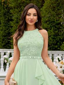 MIUSOL Floral Lace Halter Neck Ruffle Trim Chiffon Prom Party Swing Dress Elegant Semi Formal Wedding Guest Dress, For Birthday, Graduation, Homecoming