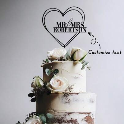 1Pc Personalized Wedding Cake Topper With A Heart, Custom Couple Name Cake Topper, Heart Acrylic Cake Topper, Mr And Mrs Cake Topper, Unforgettable Gift For Anniversary, Wedding Season And Valentine's Day,Wedding Essentials
