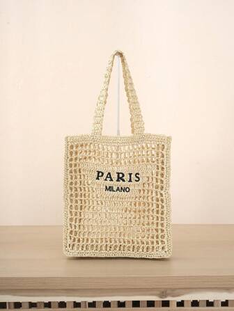 夏季新款大容量纸绳单肩手提包镂空工艺