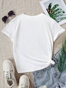 Teen Girl Slogan Print Graphic Tees For Girl Short Sleeve T Shirts,Teen Girl's Summer Tops Crewneck Shirt Blouse,Suitable For School, Vacation And Shopping Outfits