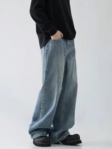 男士复古水洗宽松直筒牛仔裤，时尚休闲裤 - 藍色 - 查看 2