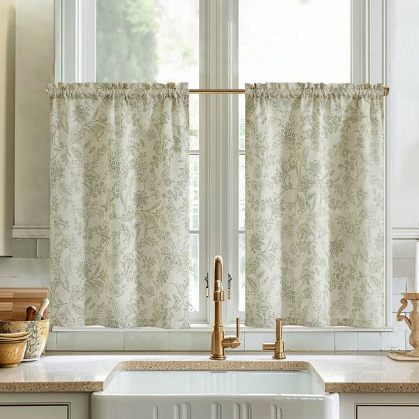 2 pièces Polyester lin forêt imprimé tringle poche cuisine fenêtre rideaux salon chambre translucide rideaux d'intimité utiliser plus de demi-rideaux de porte